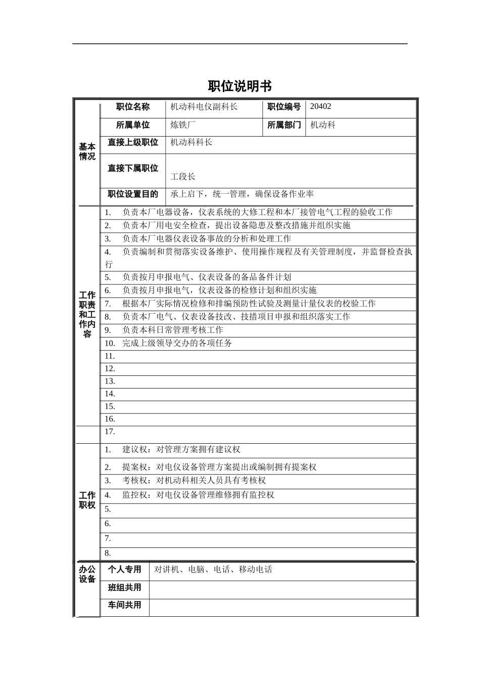 炼铁厂机动科电仪副科长职位说明书_第1页