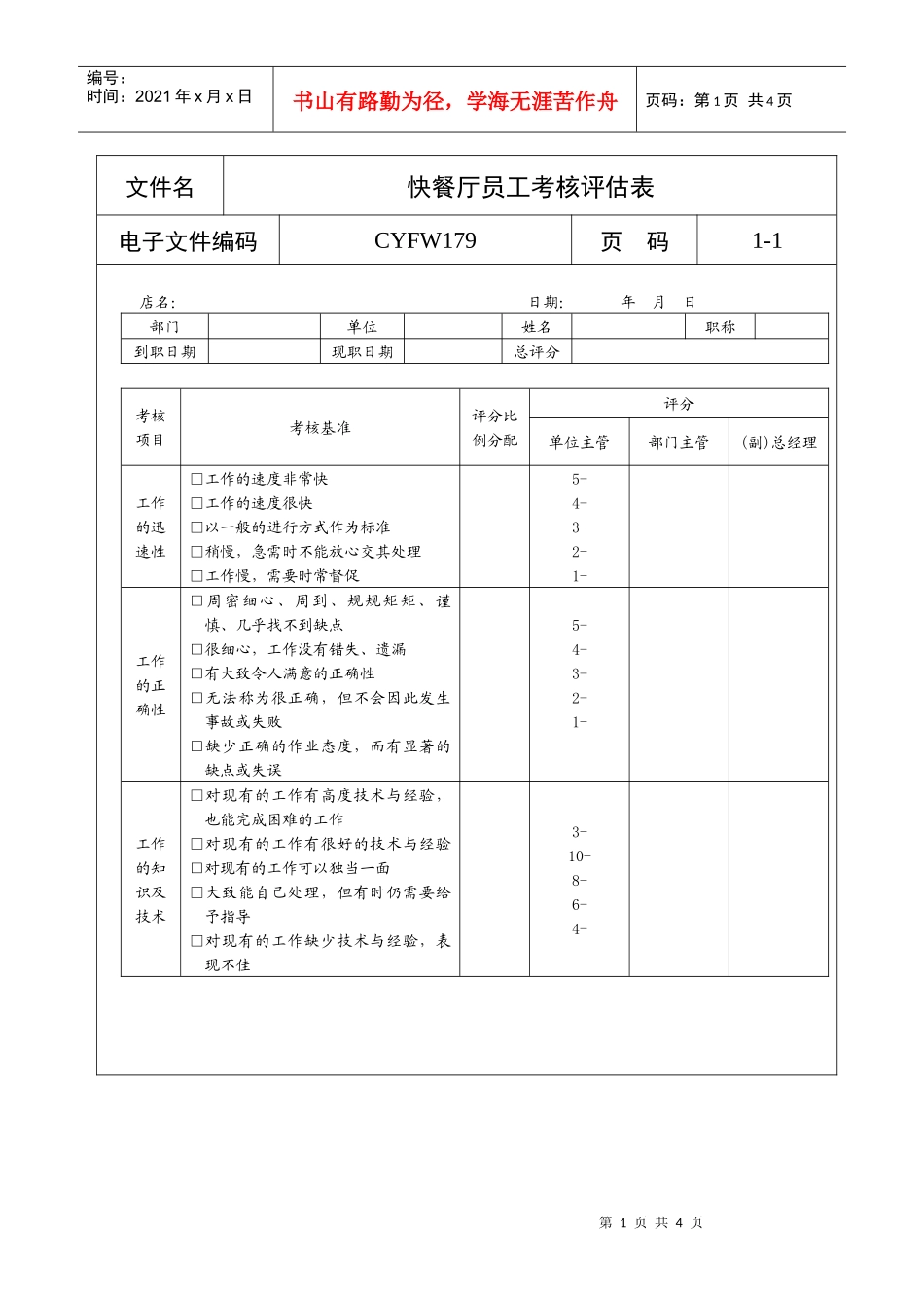 快餐厅员工考核评估表_第1页