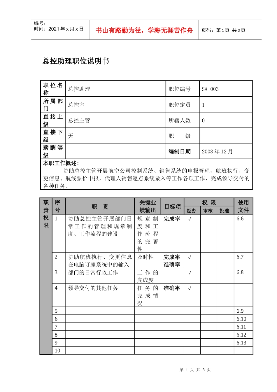 某航空物流公司总控助理职位说明书及关键绩效标准_第1页