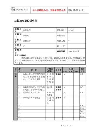 某航空物流公司总控助理职位说明书及关键绩效标准