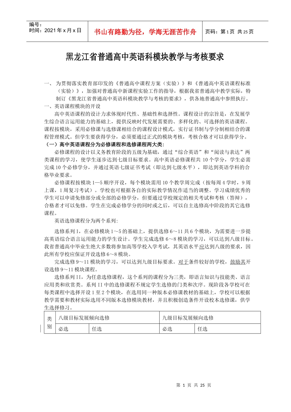 黑龙江省普通高中英语科模块教学与考核要求_第1页