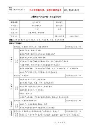 材料研究院生产副厂长职务说明书