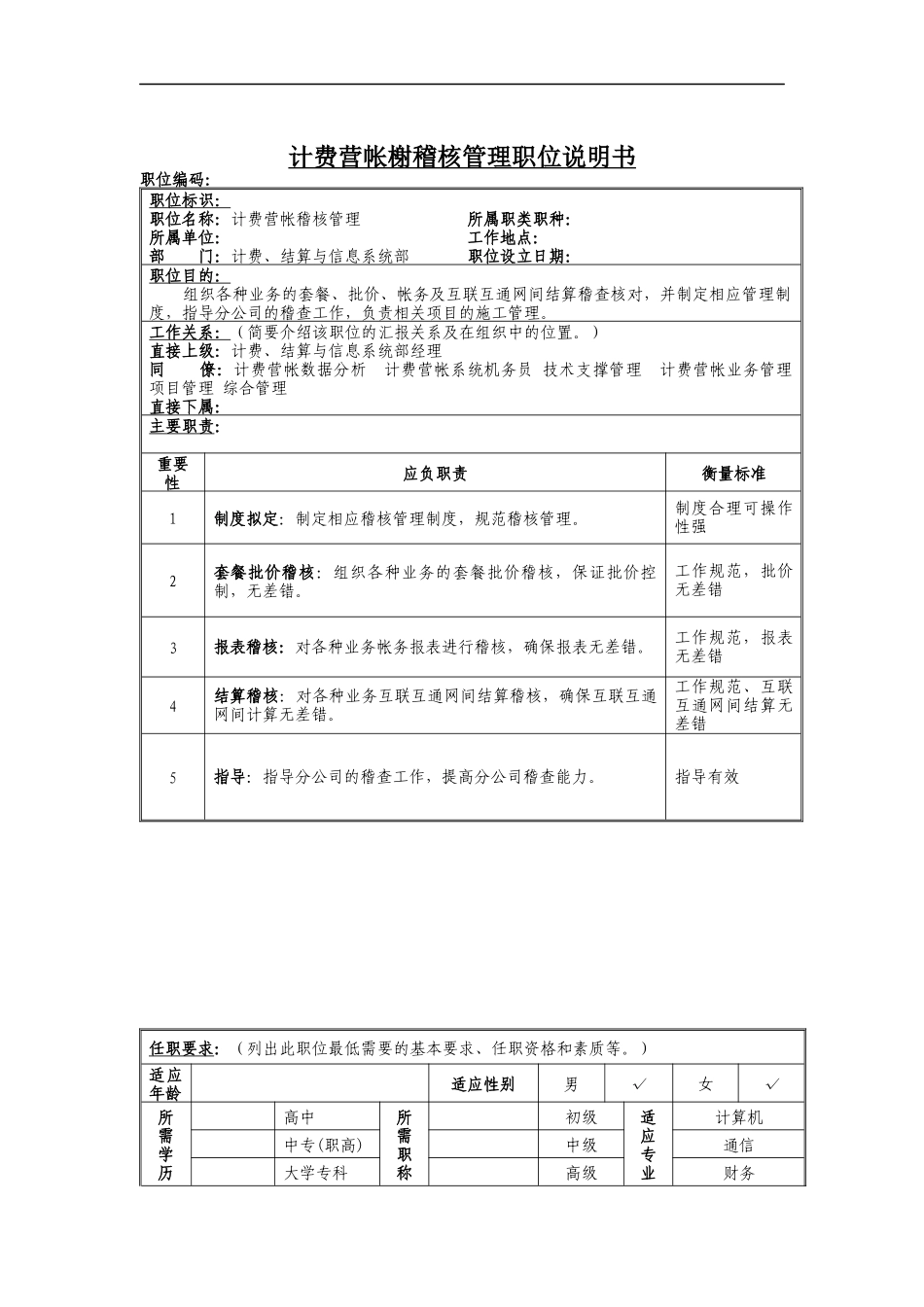 计费营帐稽核管理岗位说明书_第1页