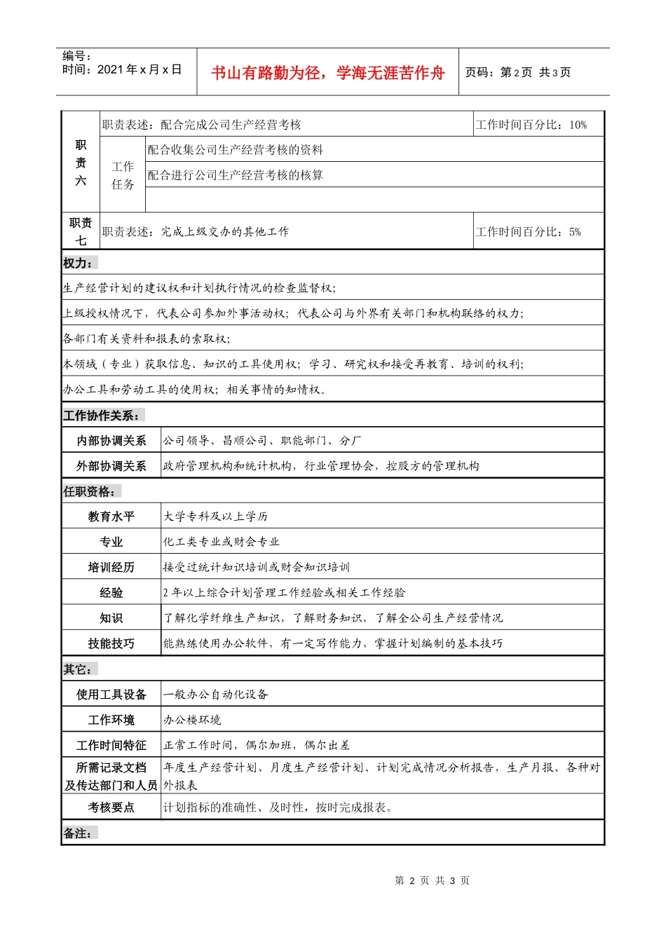 某化纤企业计划统计主管职务说明书_第2页