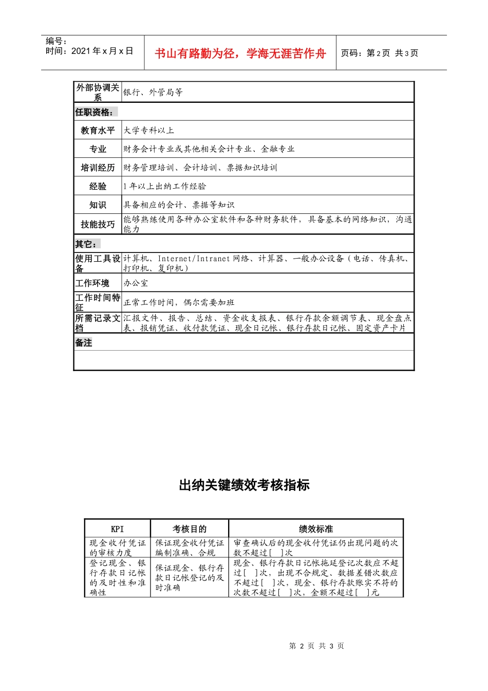 某地产企业出纳岗位说明书及KPI指标_第2页