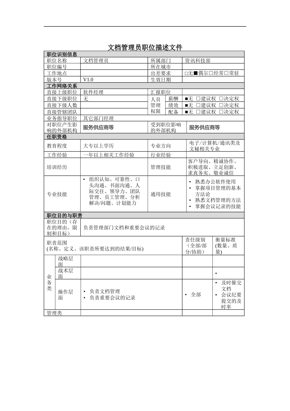 资讯科技部文档管理员岗位说明书_第1页