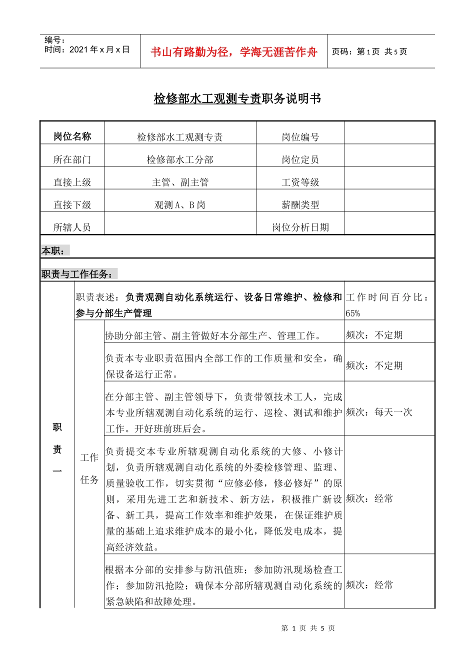 检修部水工观测专责职务说明书_第1页