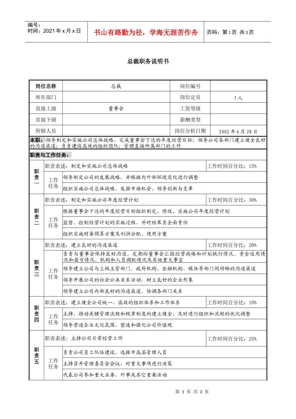 某国际集团亚太区总裁职务说明书_第1页