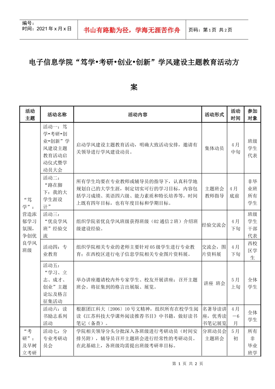 电子信息学院“笃学考研创业创新”学风建设主题教育活动方案_第1页
