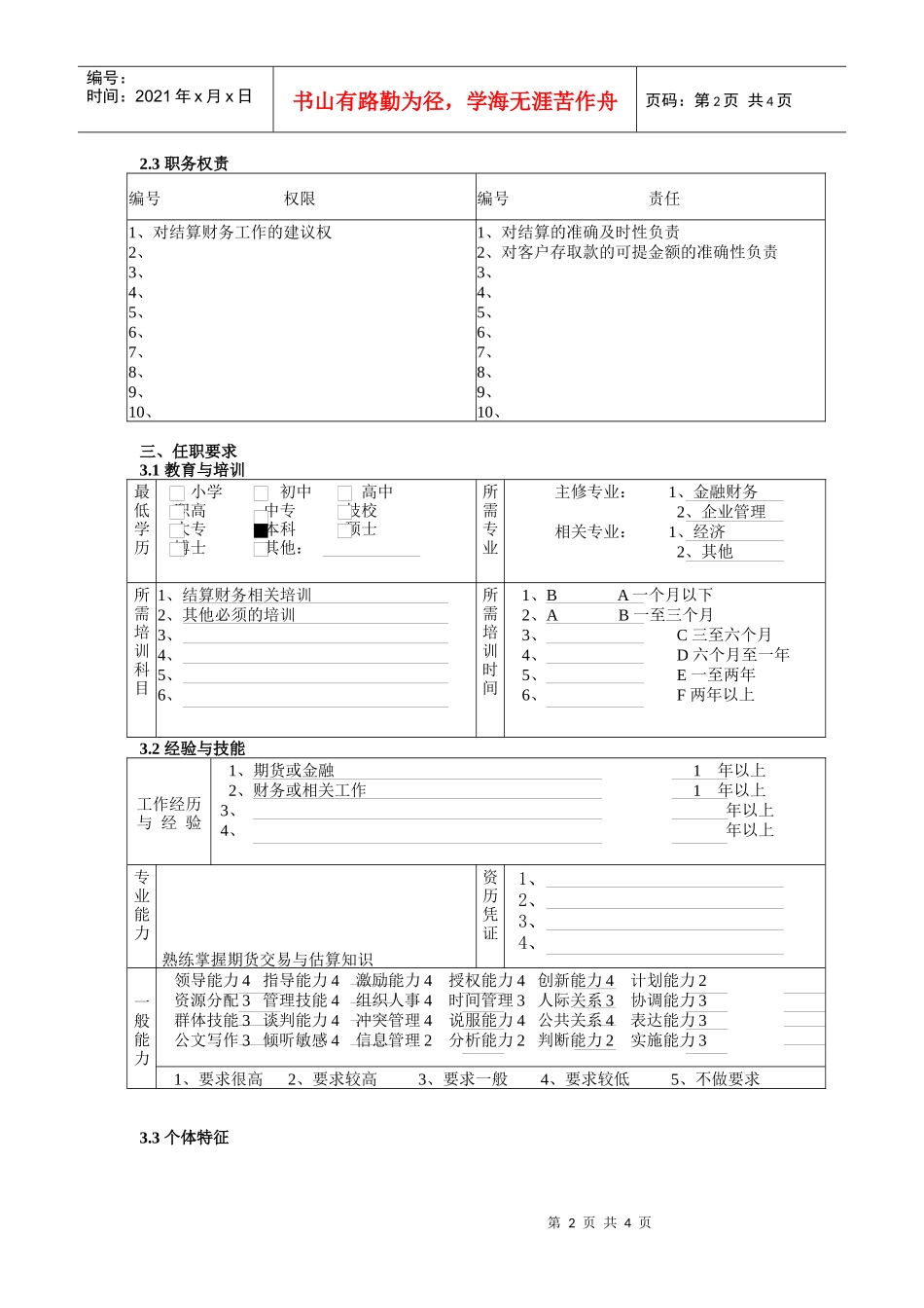 某北京分公司结算财务部结算员职务说明书_第2页