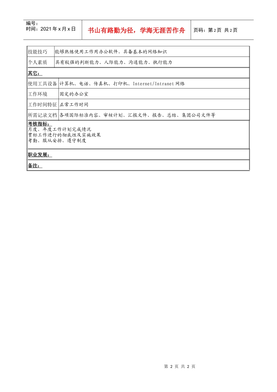 质量环境安全专员岗位说明书_第2页