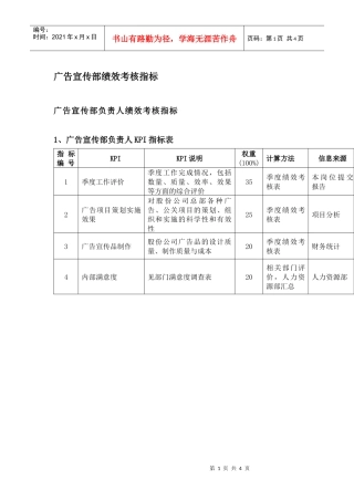 广告宣传部绩效考核指标