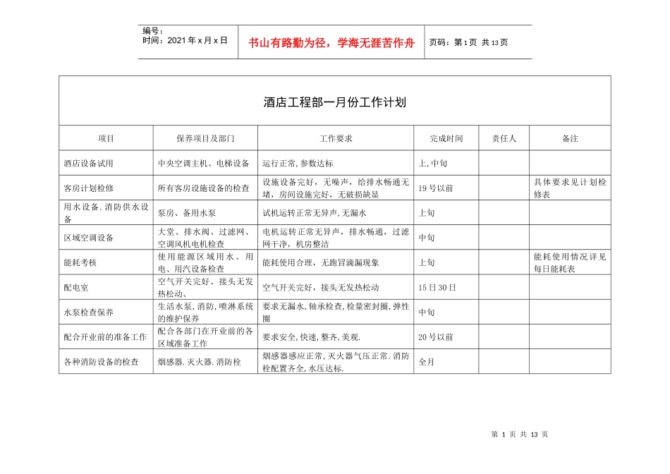 某酒店工程部每月工作计划_第1页