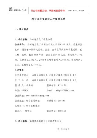桓台县企业调研人才需求汇总