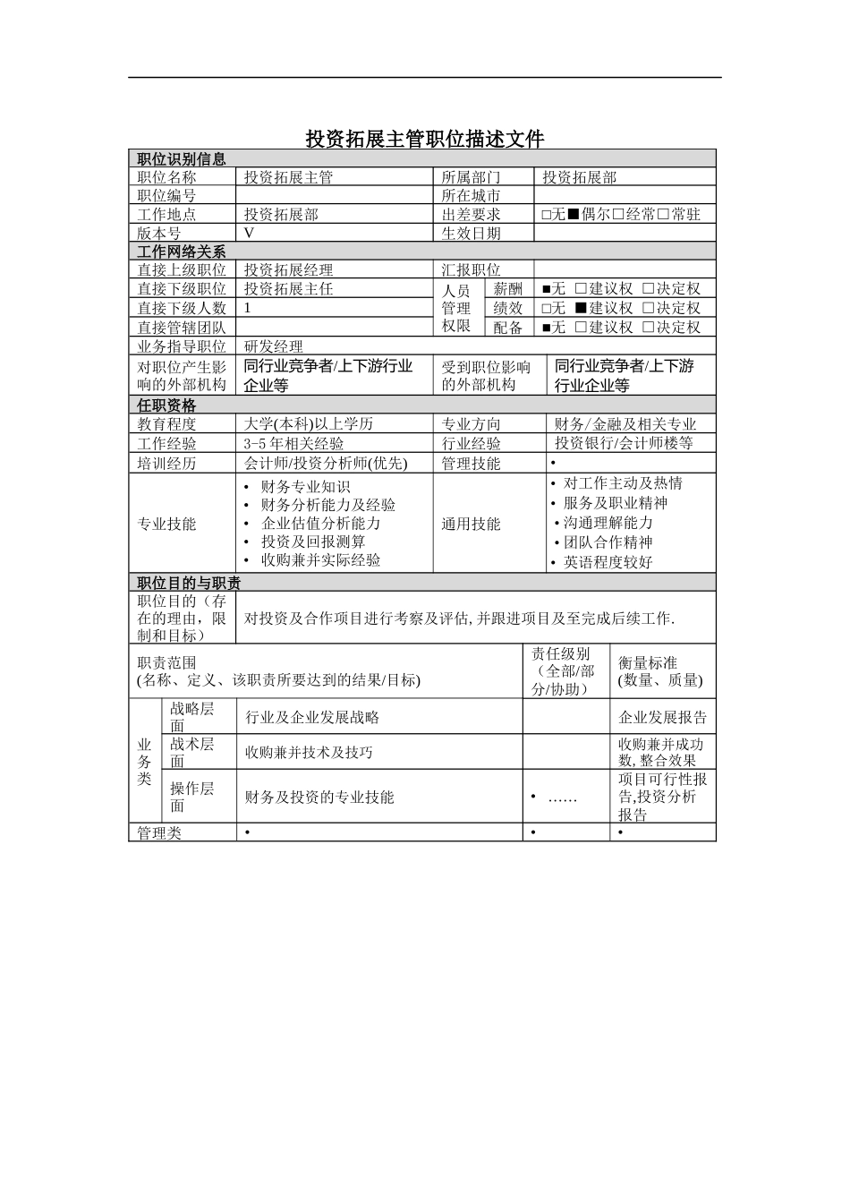投資主管岗位说明书_第1页
