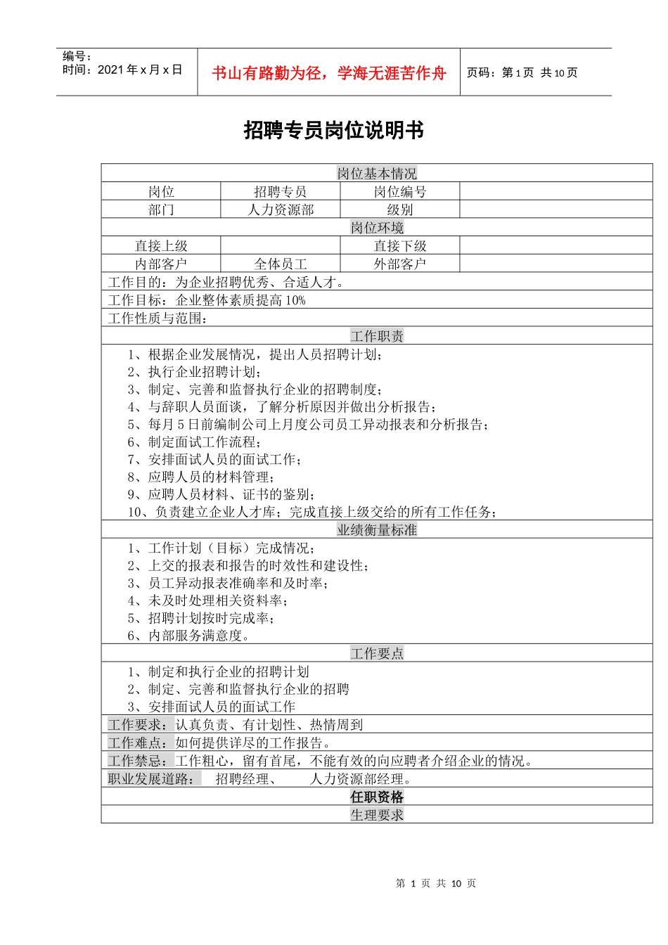 招聘专员岗位说明书_第1页