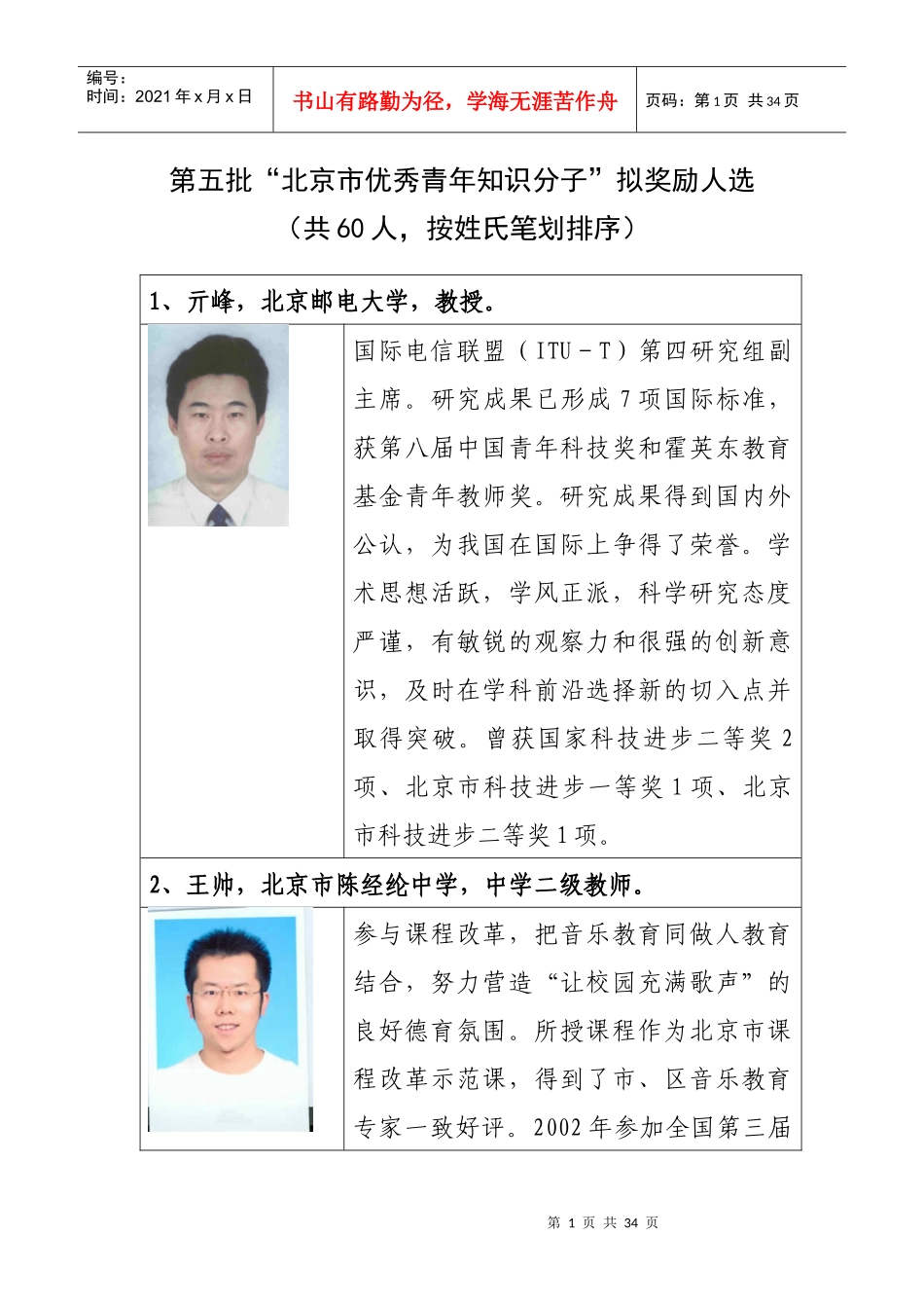 第五批“北京市优秀青年知识分子”拟奖励人选_第1页