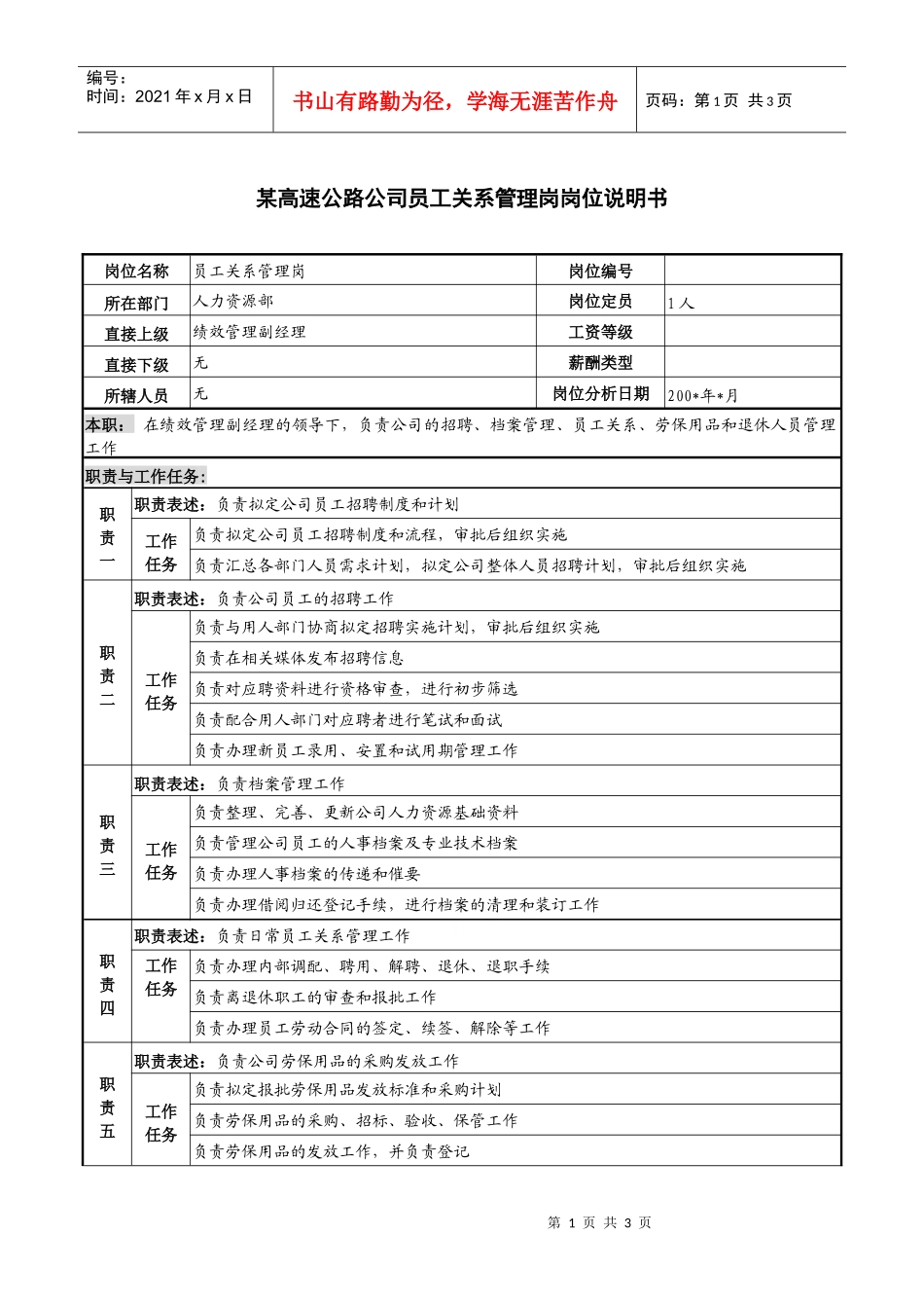 某高速公路公司员工关系管理岗岗位说明书._第1页