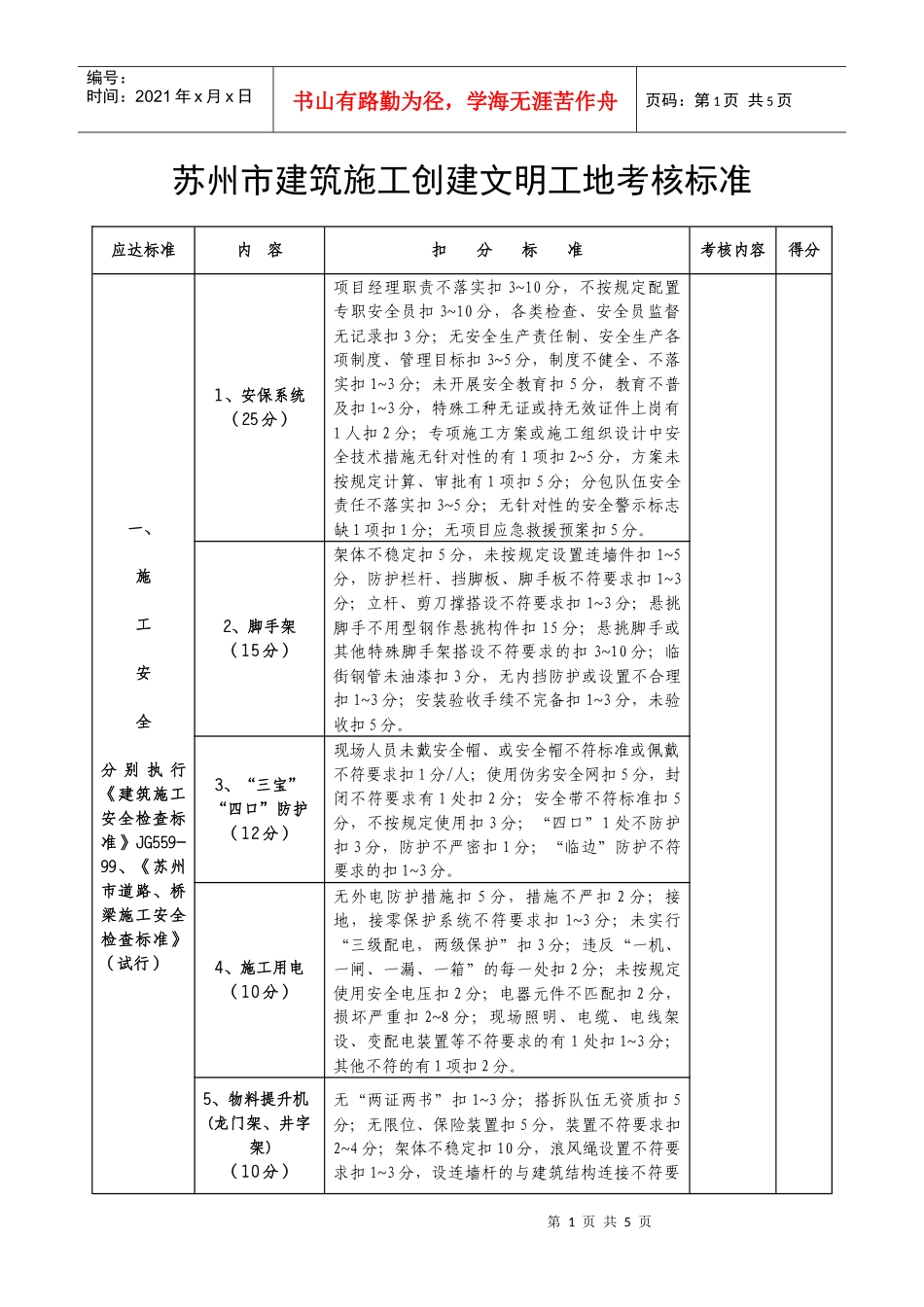 苏州市建筑施工创建文明工地考核标准_第1页