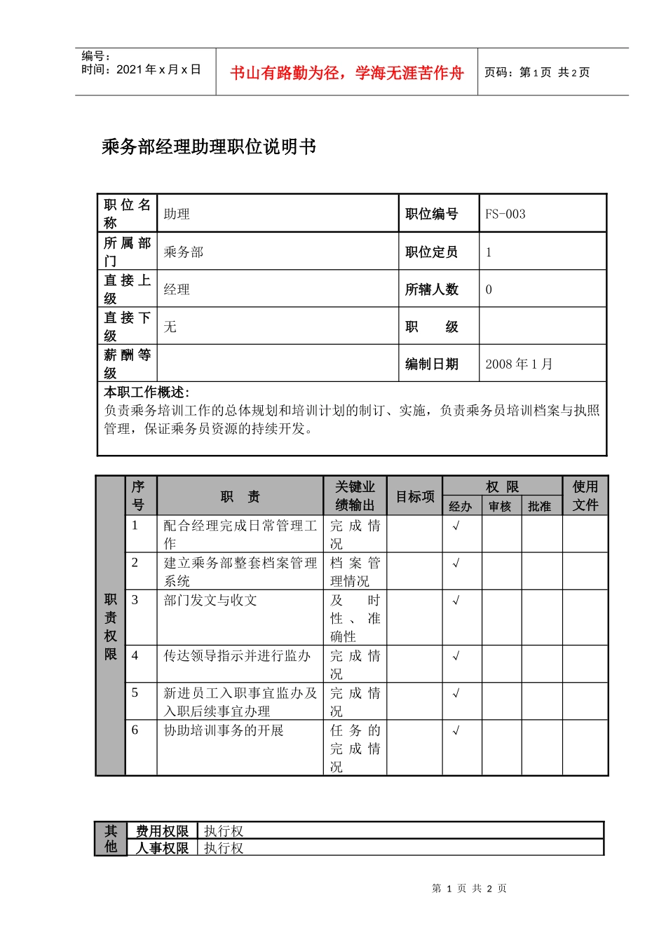 某航空物流公司乘务部经理助理职位说明书及关键绩效标准_第1页