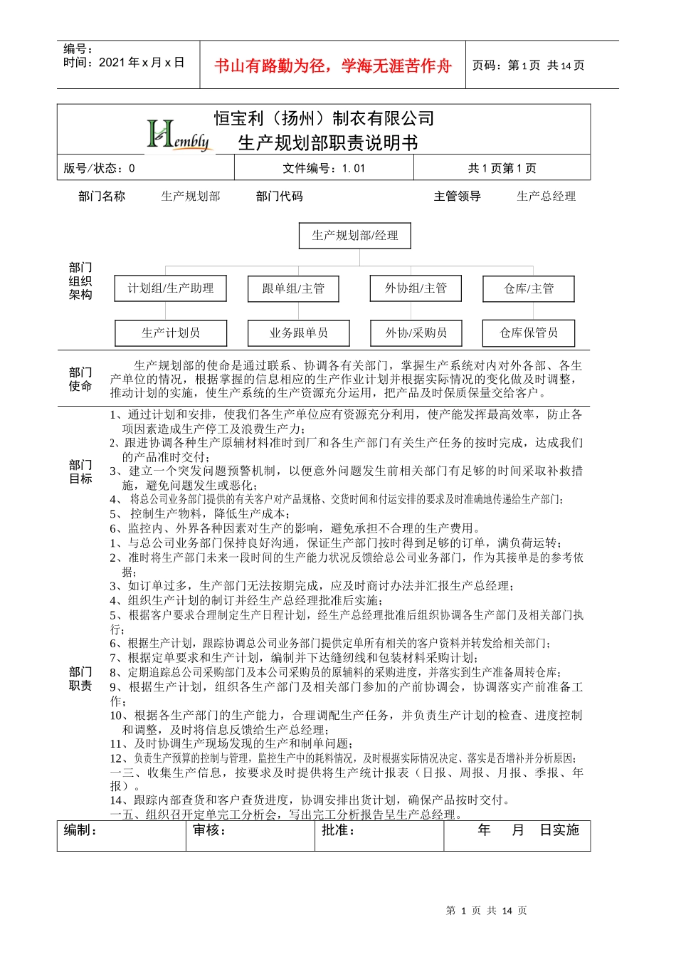 某制衣公司公职务说明书_第1页