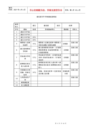 酒店康乐部kpi指标