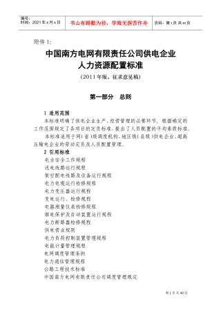 某某供电企业人力资源配置标准概述