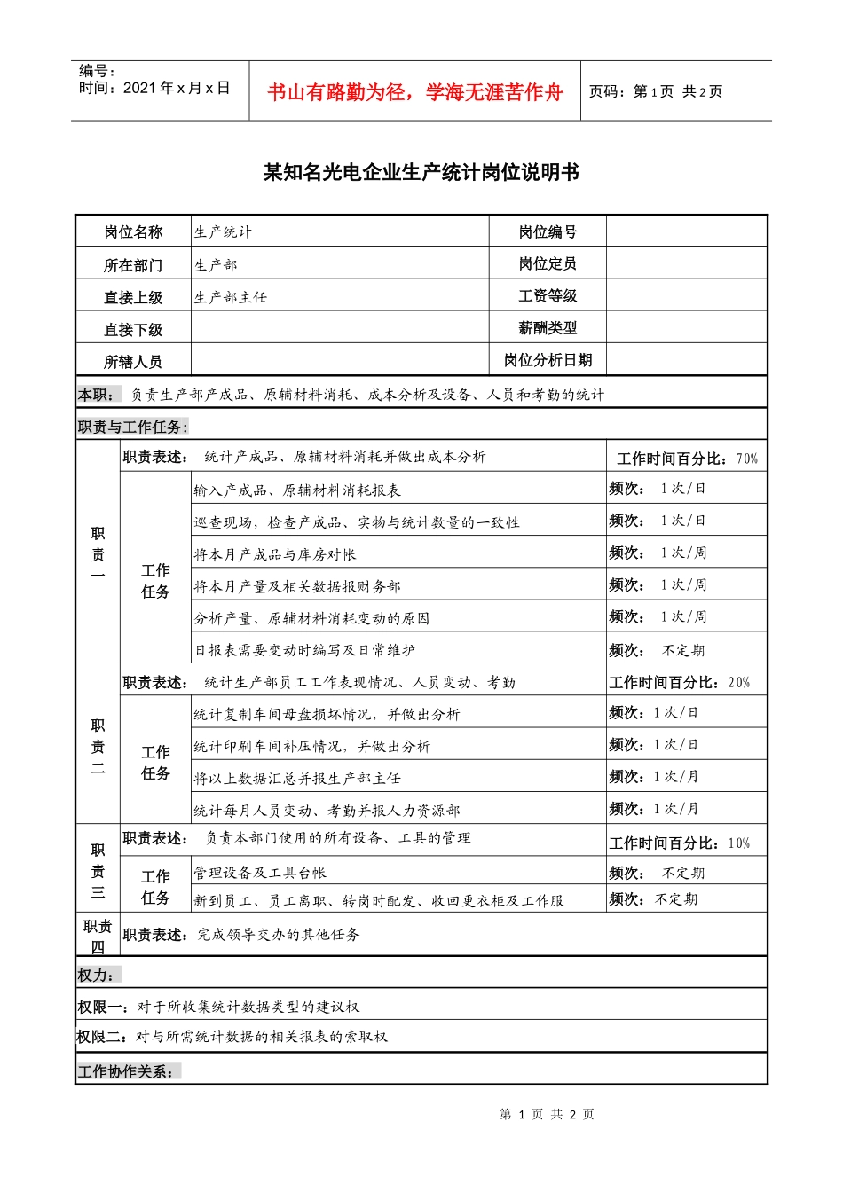 某知名光电企业生产统计岗位说明书_第1页