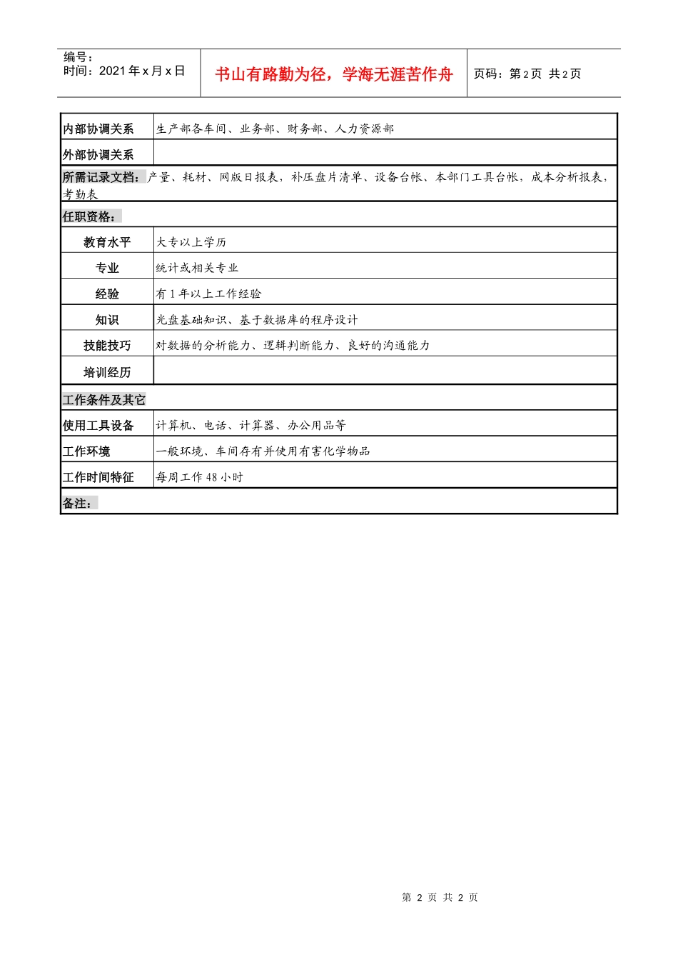 某知名光电企业生产统计岗位说明书_第2页