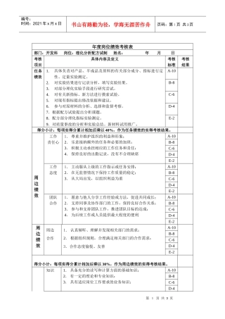 开发科-理化分析配方试制绩效考核指标(KPI)