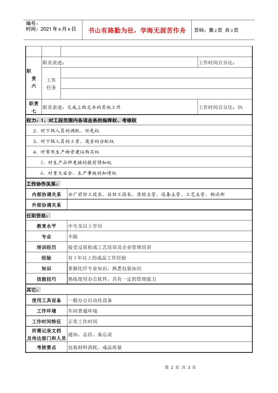 某化纤企业成品工段长职务说明书_第2页