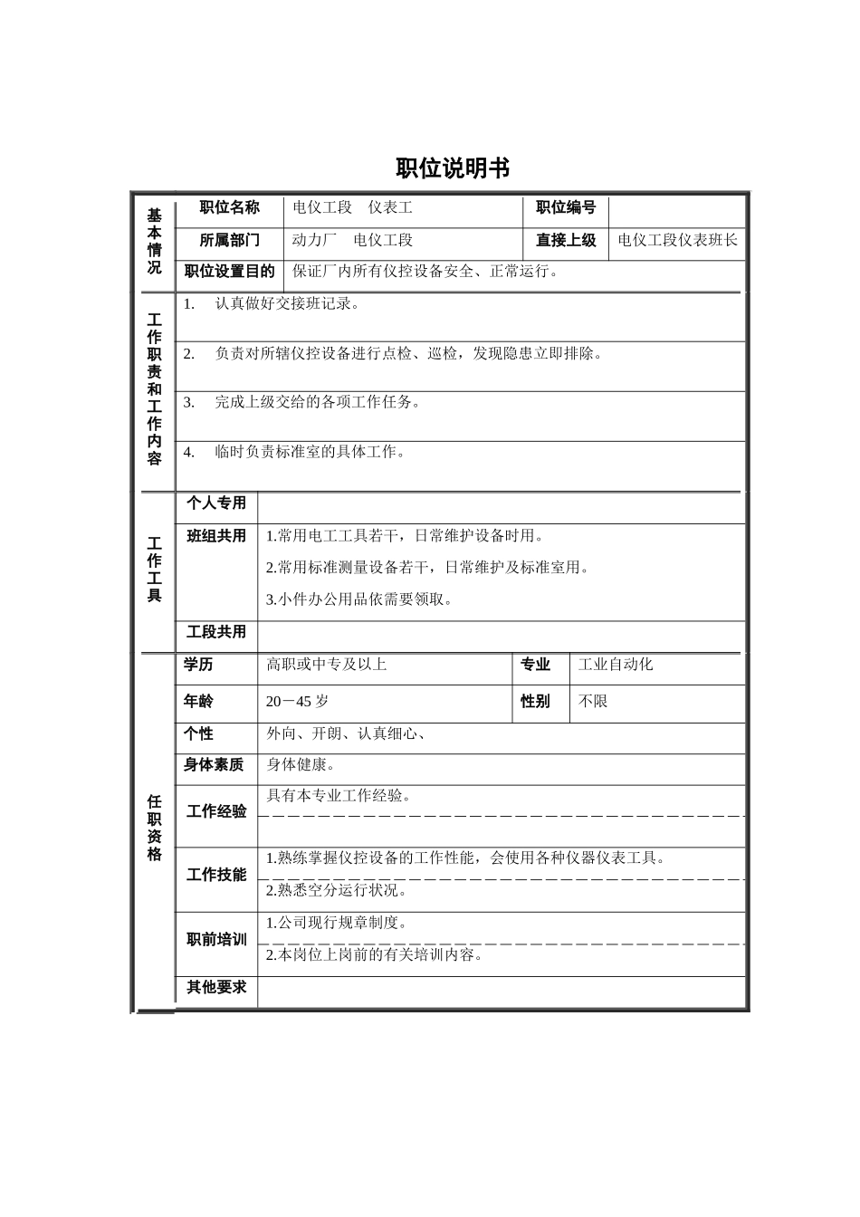 电仪工段-仪表工职位说明书_第1页