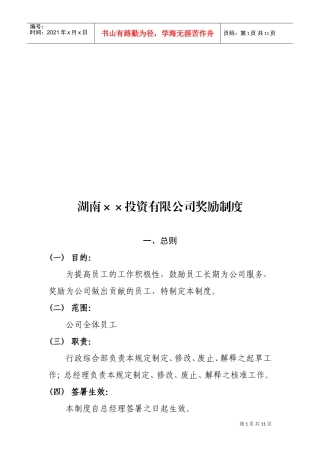 湖南某某投资公司奖励制度