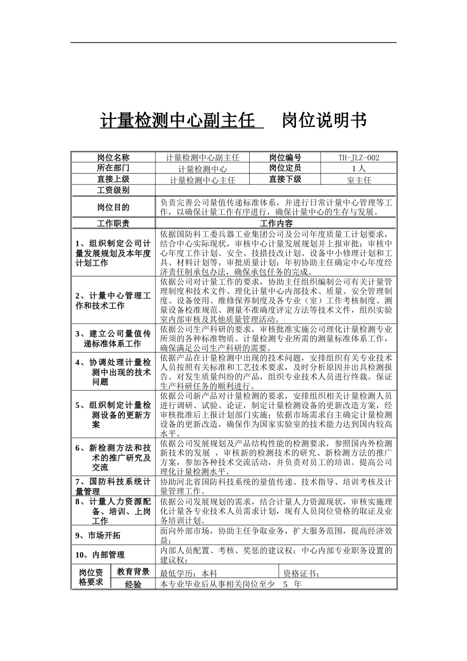 计量检测中心副主任岗位说明书_第1页