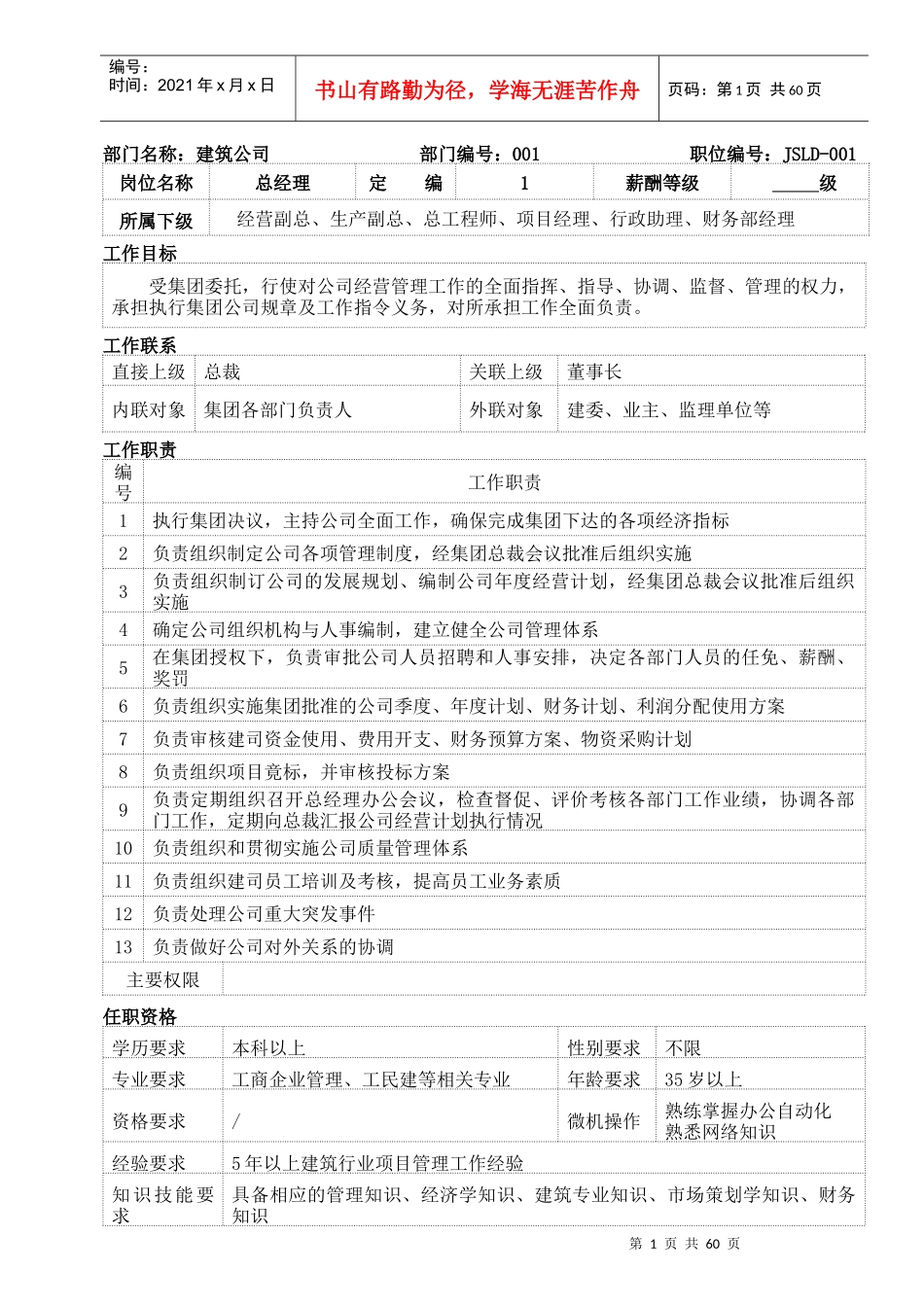 建筑公司岗位说明书(doc62)(1)_第1页