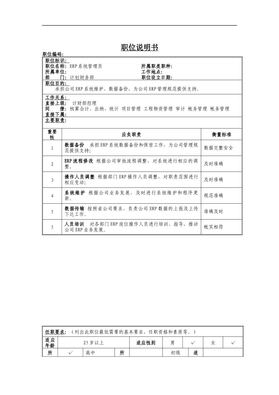 系统管理员岗位说明书_第1页