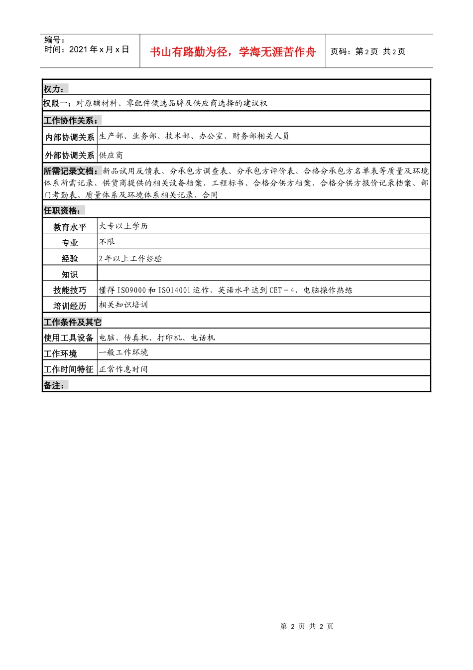 某知名光电企业供应部主任助理岗位说明书_第2页