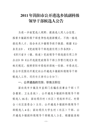 某市公开遴选乡镇副科级领导干部候选人公告