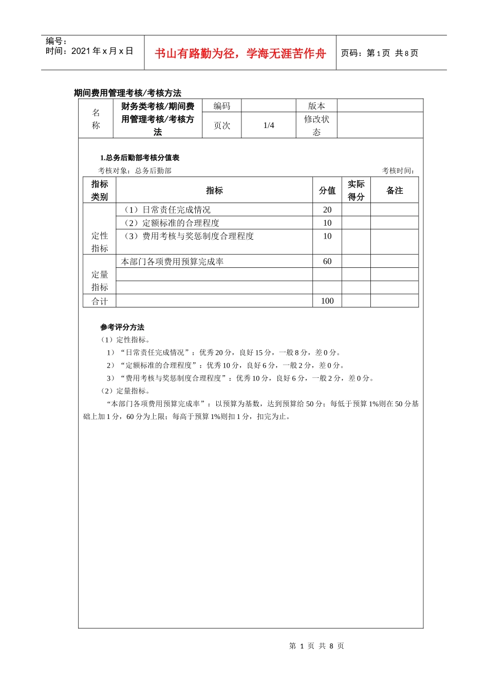 期间费用管理考核考核方_第1页