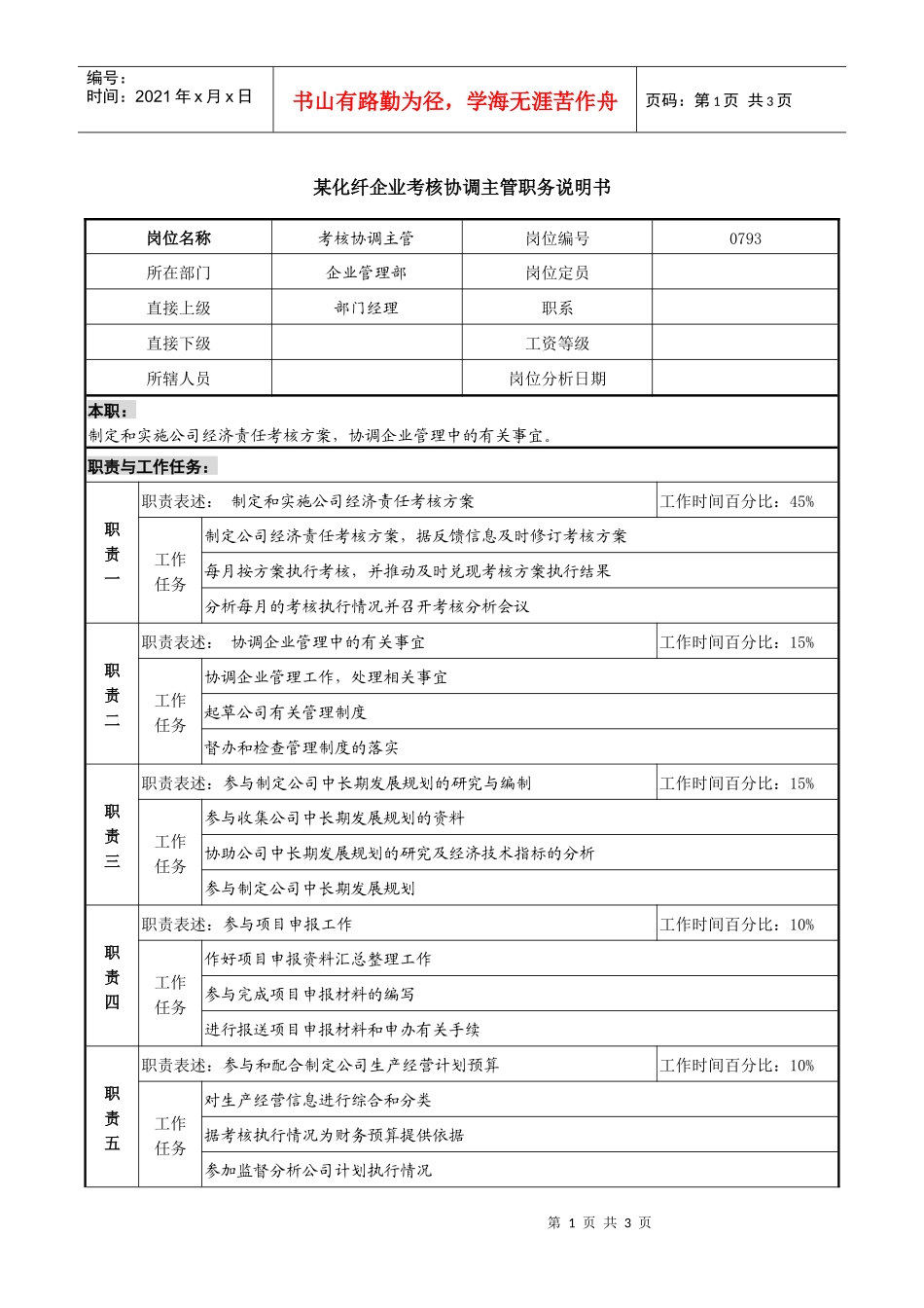 某化纤企业考核协调主管职务说明书_第1页