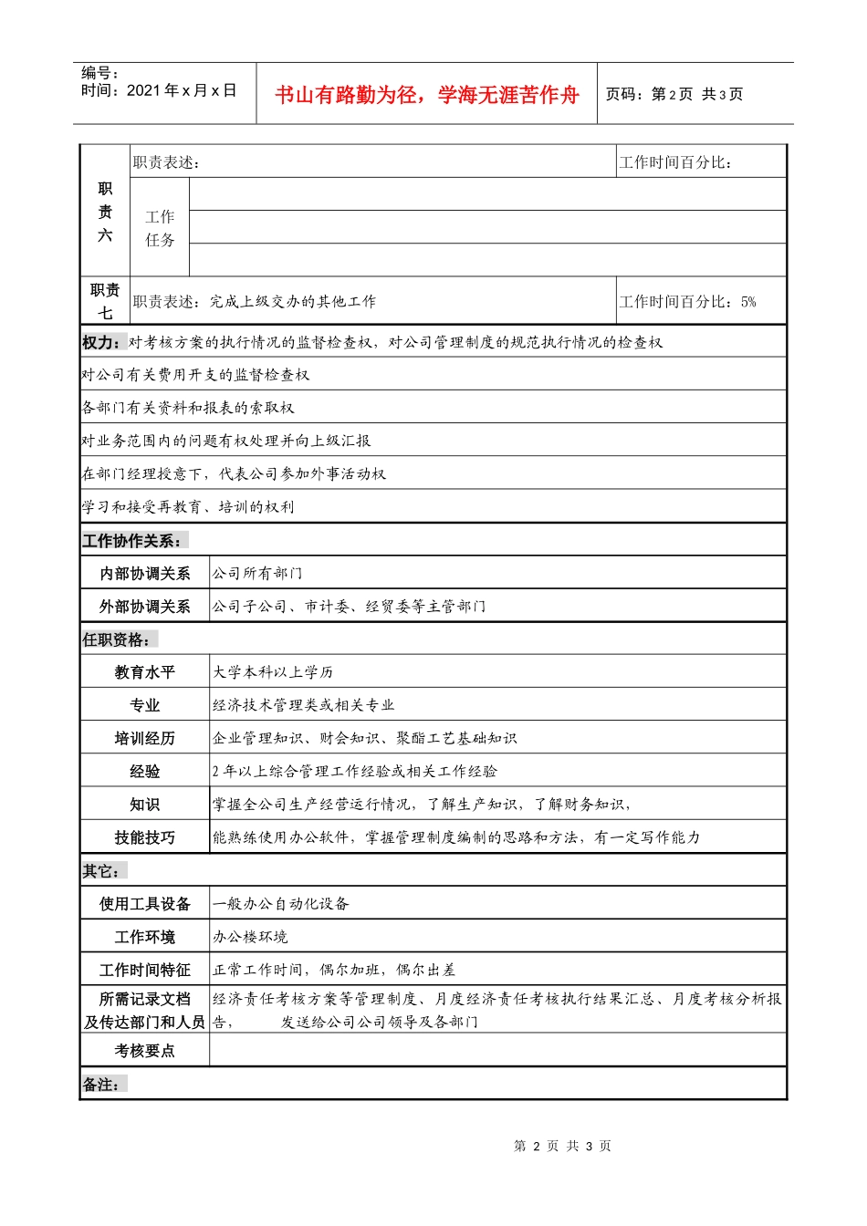 某化纤企业考核协调主管职务说明书_第2页