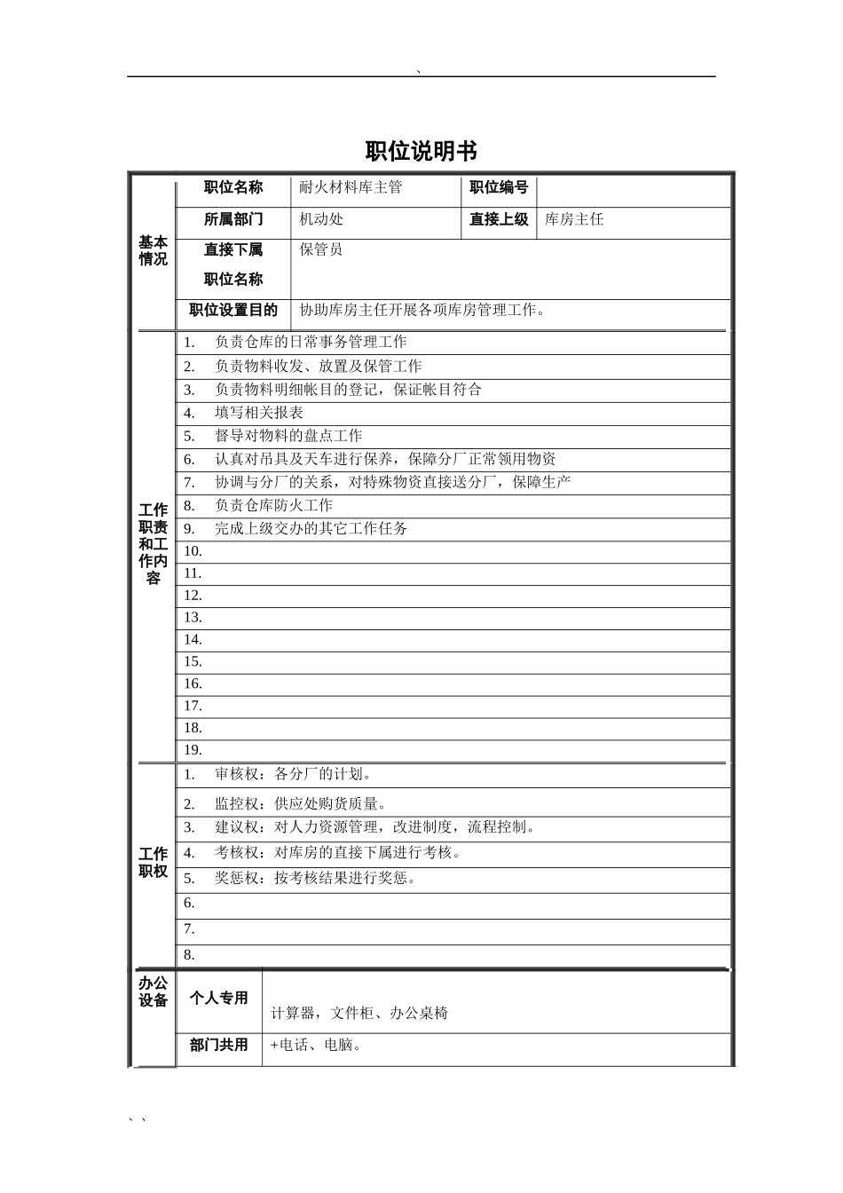 机动处耐火材料库主管职位说明书_第1页