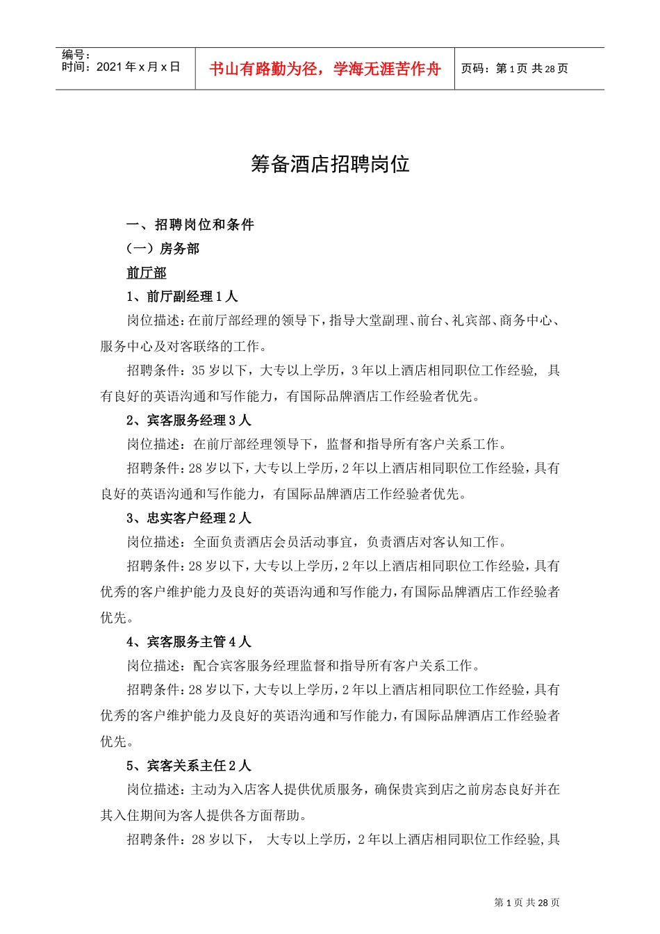 筹备酒店招聘岗位_第1页