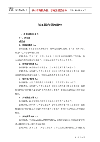 筹备酒店招聘岗位