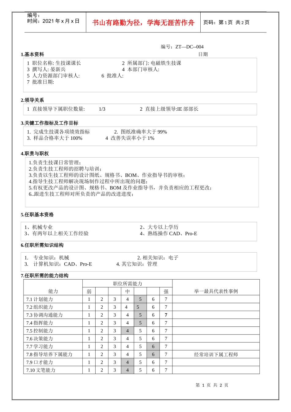 电磁铁事业部生技课课长工作职责说明书_第1页