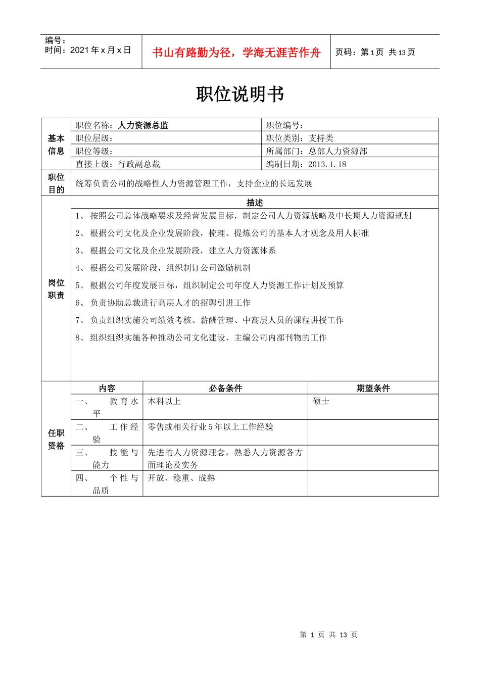 总部人力资源职位说明书（中高层）_第1页