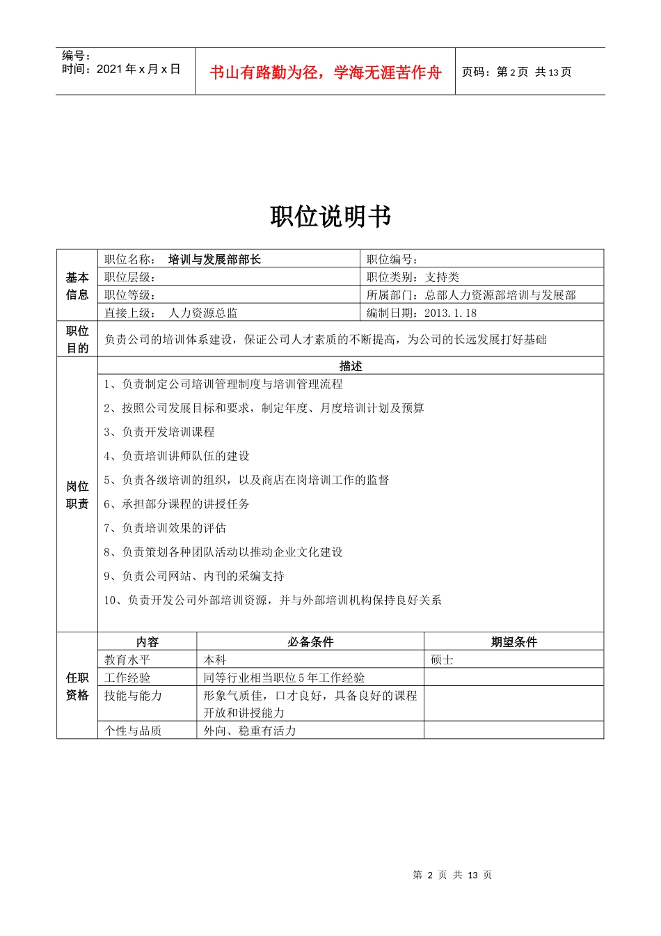 总部人力资源职位说明书（中高层）_第2页