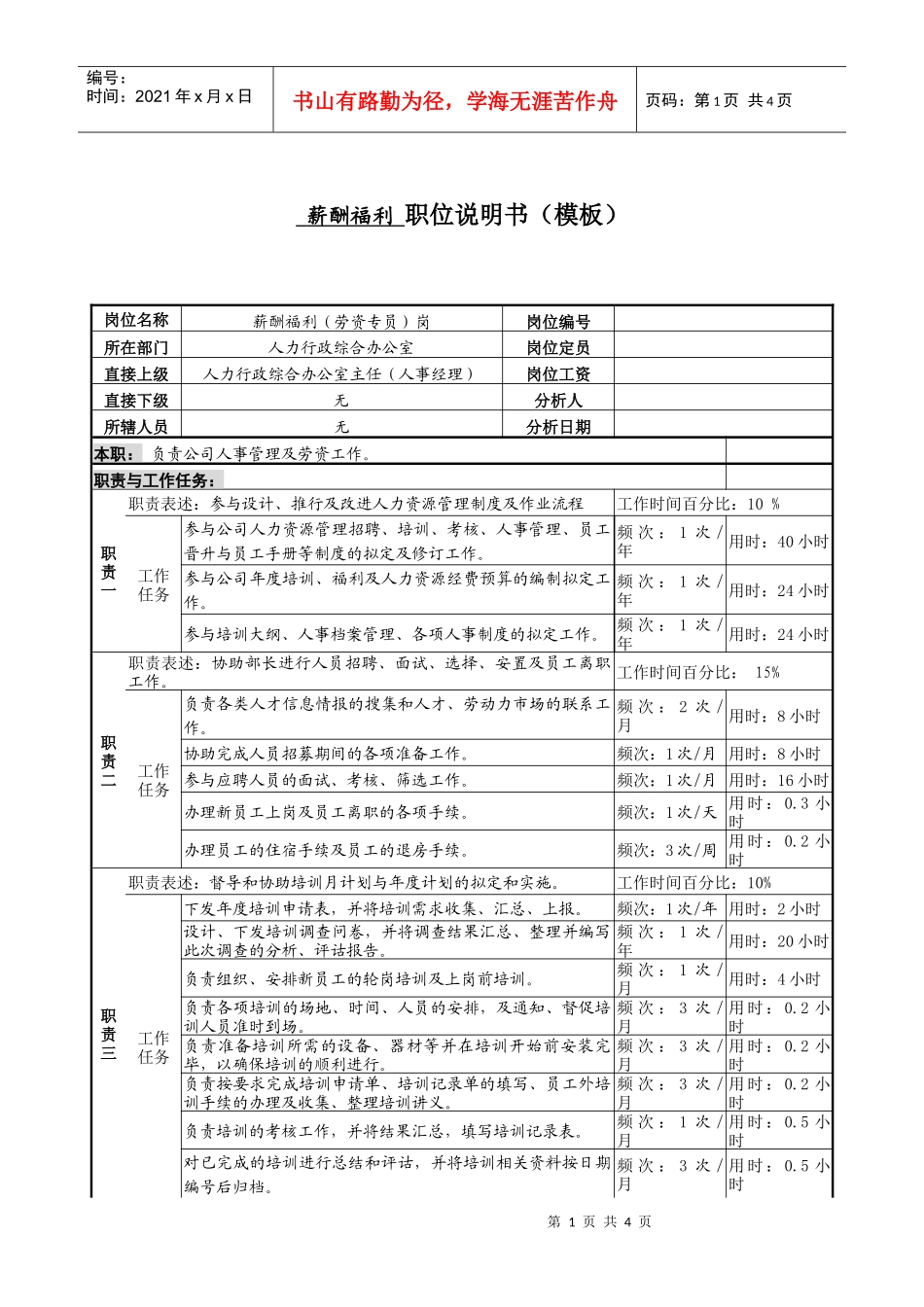 某服装生产企业薪酬福利职位说明书_第1页