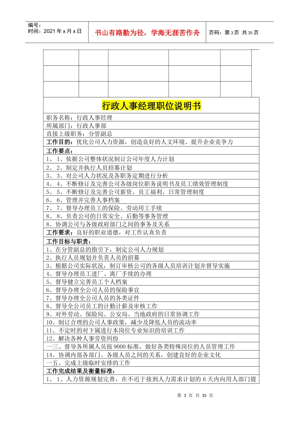 行政部及人事部各岗位职务说明书范本_第3页