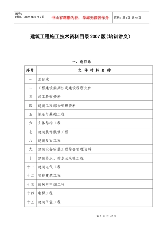 建筑工程施工技术资料目录培训讲义